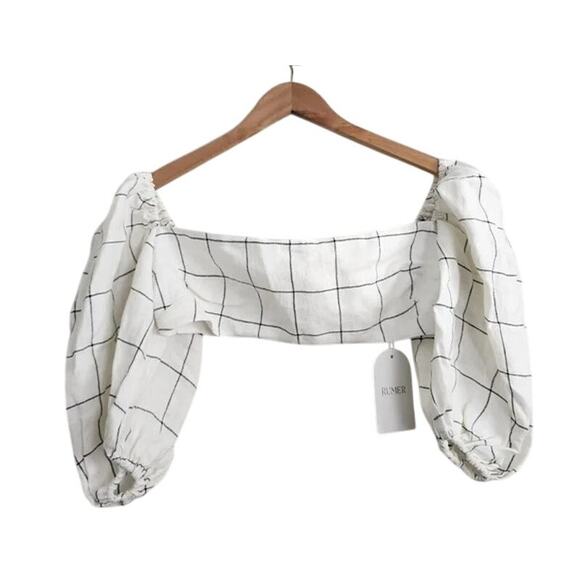 NWT Rumer Quinn Plaid 3/4 Puff Sleeves Linen Crop Top Back Clasp Closure M Ivory - Picture 12 of 15